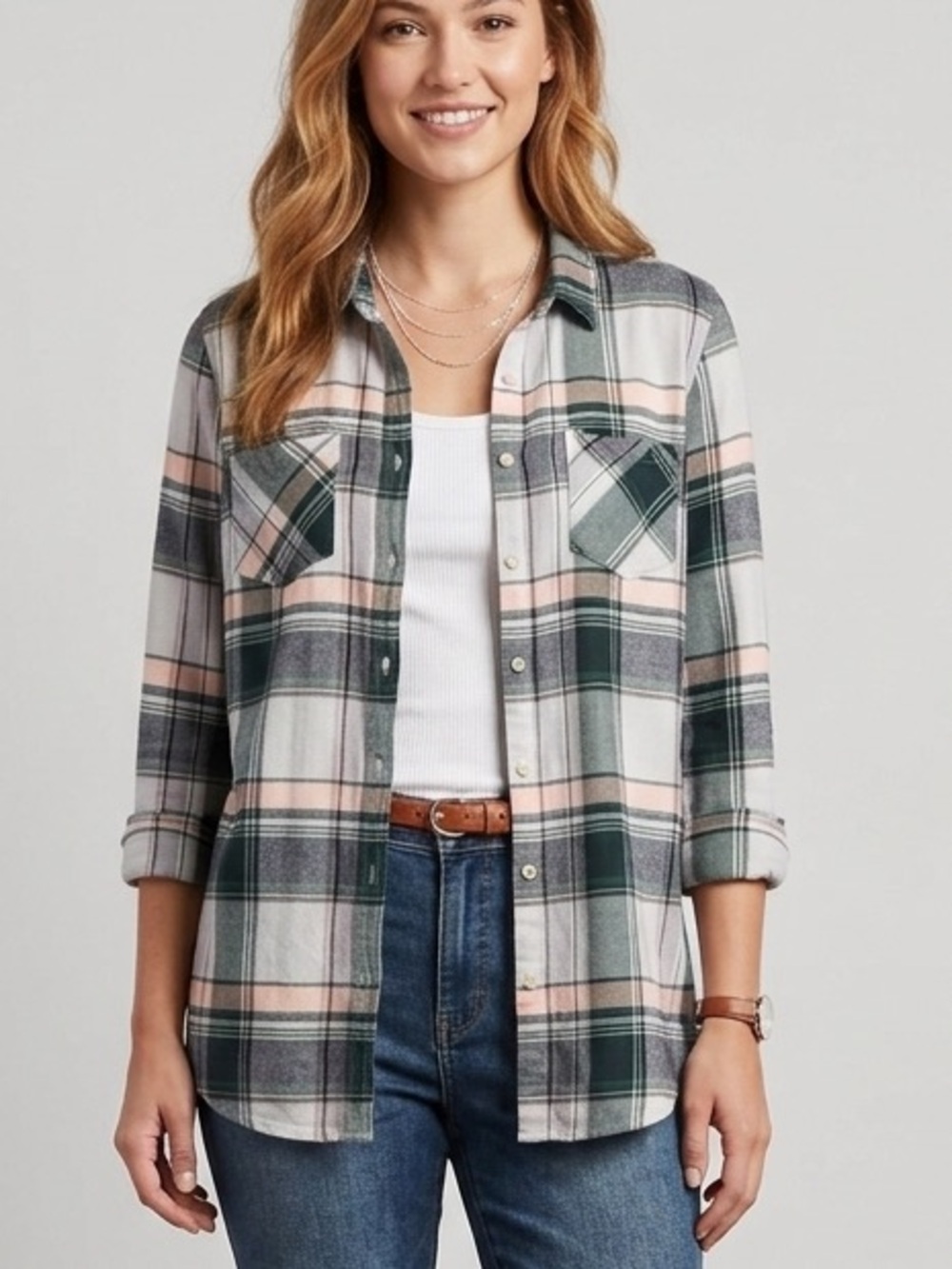Merona Plaid Button Down Lightweight Shirt Sz M Boho Minimalist Coastal